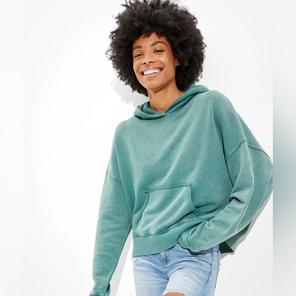 AMERICAN EAGLE AE Textured Fleece Oversized Pullover Hoodie in Green Size S - Picture 1 of 11